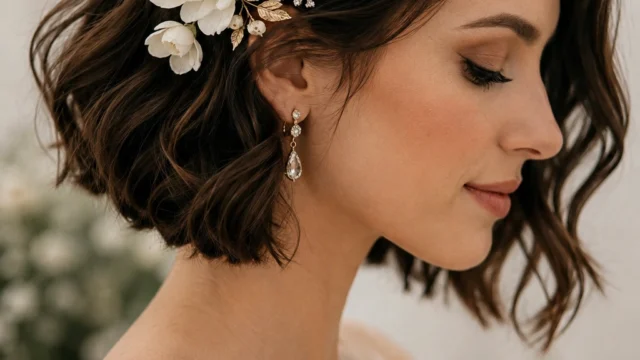 10 romantische Brautfrisuren für kurze Haare mit verspielten Details