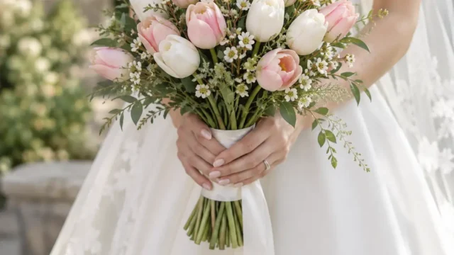 10 moderne Tulpen-Brautsträuße mit zartem Grün für eine elegante Frühlingshochzeit