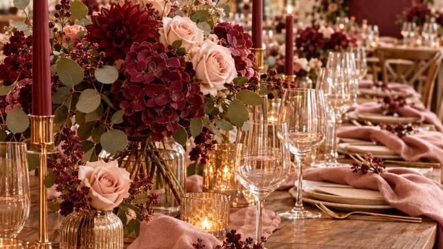 Moderne Herbsthochzeit in Merlot und Rosé mit stilvoller Tischdekoration