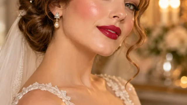 Vintage Hollywood Braut-Make-up mit glamourösem Glow und eleganten roten Lippen