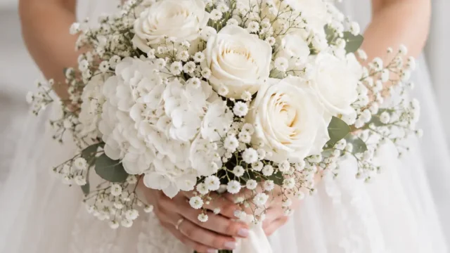 Weiße Rosen und Hortensien für einen edlen Brautstrauß in Weiß und Creme