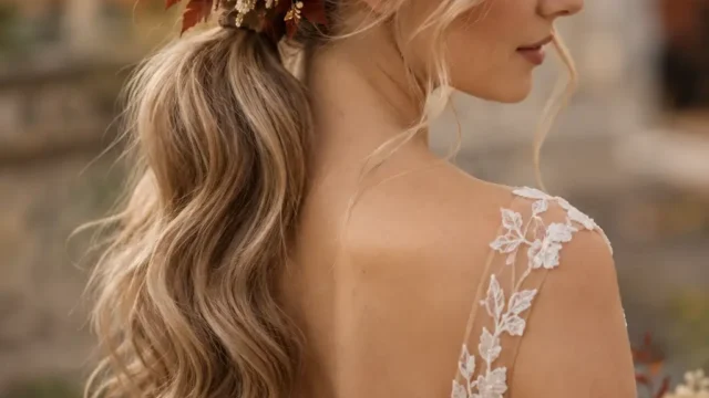Romantische Brautfrisuren mit Blumen für eine Hochzeit im Herbst